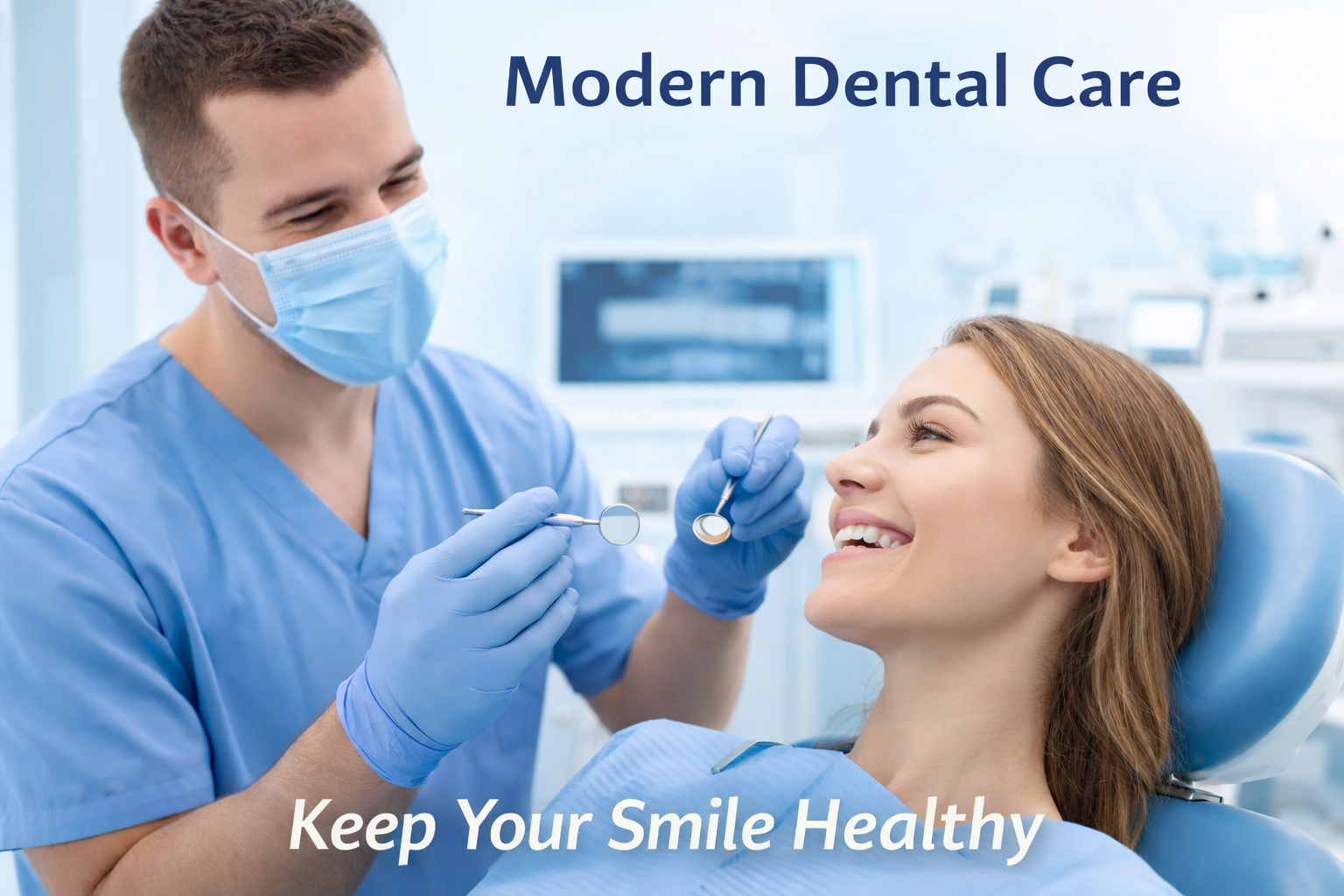 Dentist examining a smiling patient in a modern dental clinic with clean and bright equipment